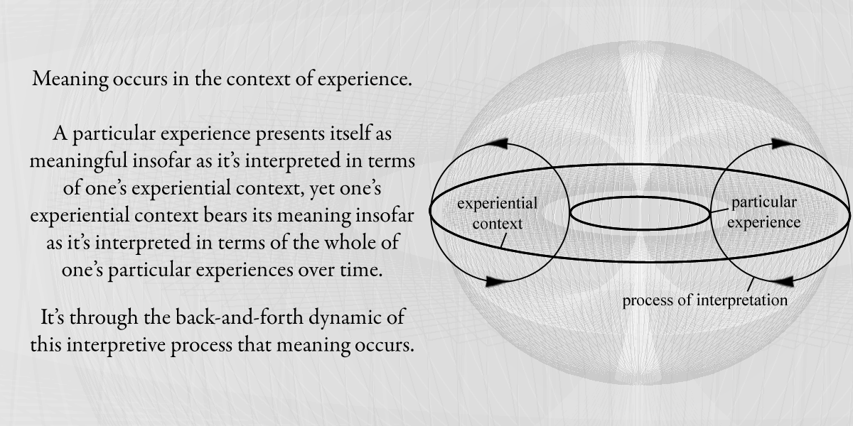 Meaning occurs in the context of experience. / A particular experience presents itself as meaningful insofar as it's interpreted in terms of one's experiential context, yet one's experiential context bears its meaning insofar as it's interpreted in terms of the whole of one's particular experiences over time. / It's through the back-and-forth dynamic of this interpretive process that meaning occurs.